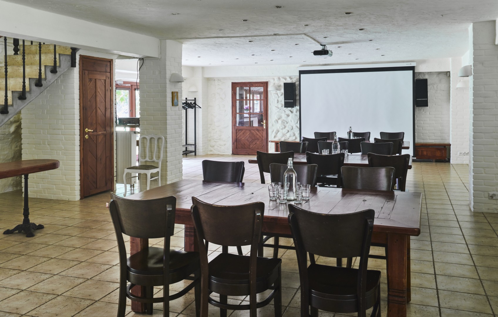 Sala konferencyjna „kamienna” zdjęcie sali konferencyjnej „kamiennej” znajdującej się w pobliżu jadalni i posiadającej duży potencjał warsztatowy. Wyposażona jest w rzutnik, ekran i flipchart.